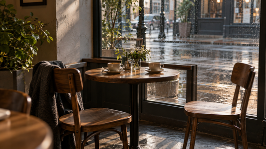 Two empty café chairs beside a rainy window after a conversation.