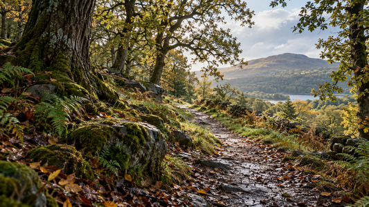 A rain-wet footpath winds through woodland toward a sunlit hill.