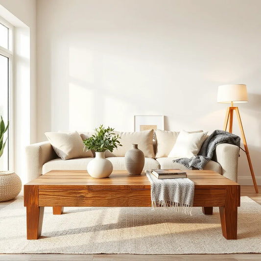 Warm living room with tasteful decor: ceramic vase with greenery, textured throw, framed artwork, and soft lamp light