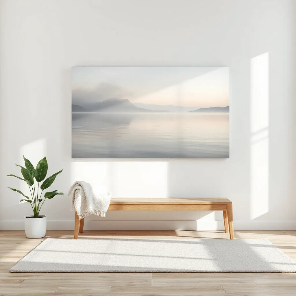 Large calm landscape canvas on a bright living room wall with soft sunrise colors
