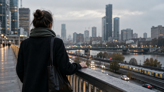 A woman pauses above city traffic on a pedestrian bridge.