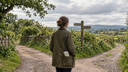 A woman pauses where two country paths diverge.