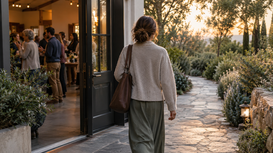 A woman leaves a gathering and walks into a quiet garden.