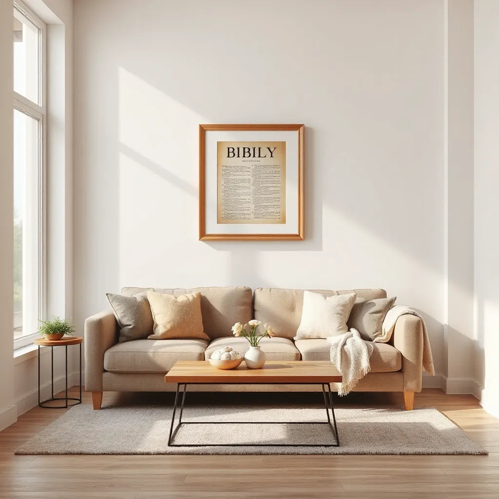 Framed biblical-themed wall art above a neutral sofa in a bright modern living room