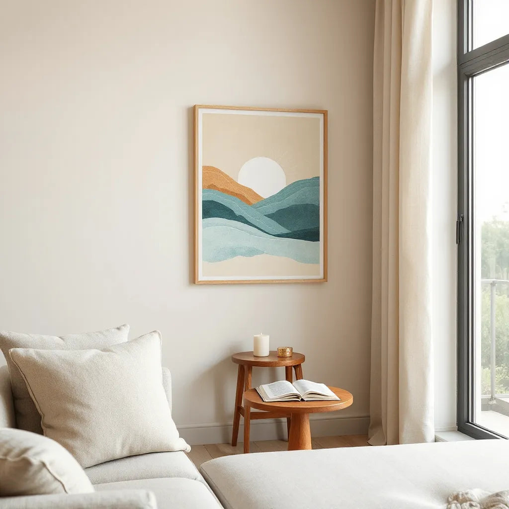 Framed spiritual-themed wall art in a calm living room with warm light, candle, and journal on a side table