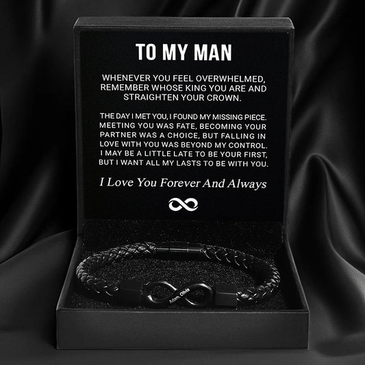 Leather bracelet with infinity-style steel detail in a message-card gift box