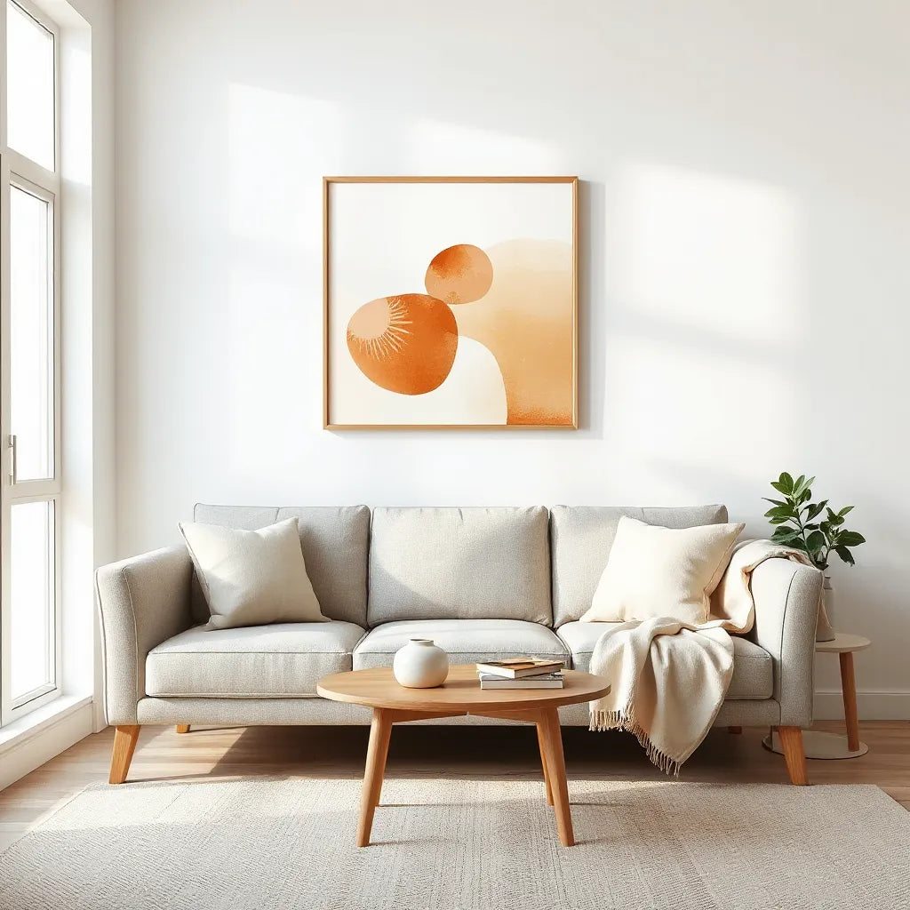 Warm, uplifting abstract wall art above a neutral sofa in a bright, modern living room
