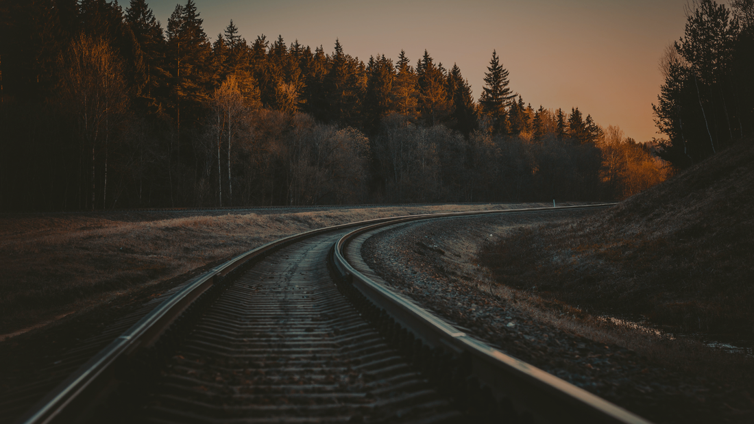 Curved railway track at sunset with pine forest and warm golden light in the background