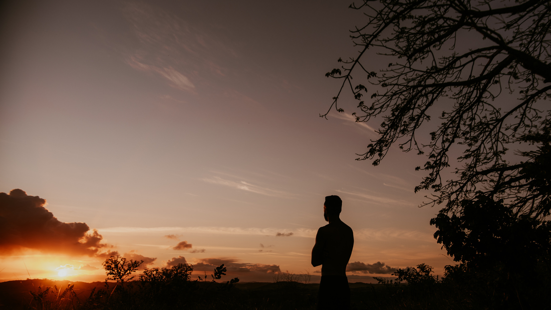 Silhouette of a person reflecting at sunset in nature, peaceful mindful outdoor scene