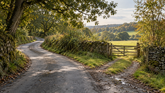 A country lane bends past a wooden gate into an open field.