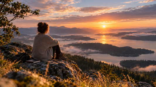 A solitary figure resting above a misty mountain lake in warm evening light, representing releasing the day, Christian stillness, and letting tomorrow wait.