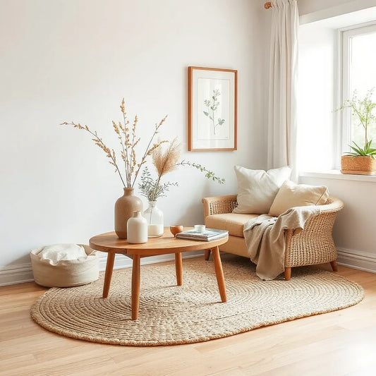 Earthy living room corner with dried botanicals, linen cushions, and a botanical wall print.
