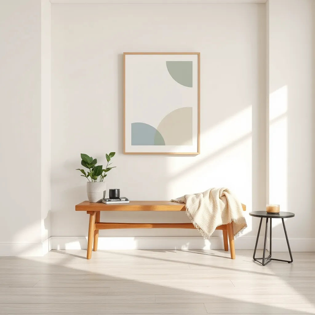 Minimal framed calming artwork in a softly lit living room with neutral decor and a plant