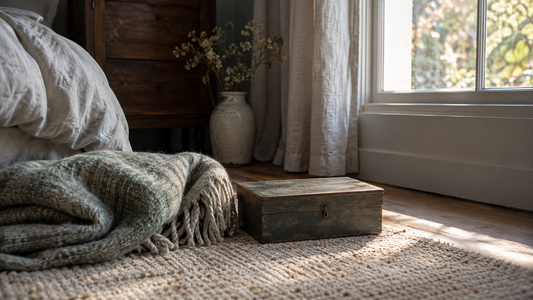 A closed keepsake box and folded blanket in a sunlit bedroom.