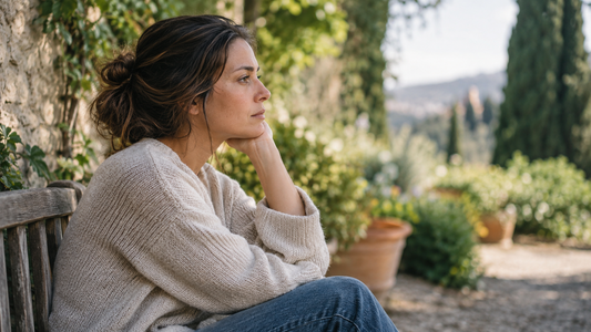 A woman sits thoughtfully on a garden bench.