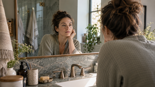 A woman studies her reflection in a bathroom mirror.