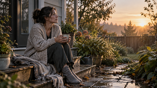 A tired woman sits on her garden step at dawn holding a cup.
