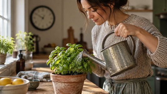 A woman waters a kitchen herb plant beside a blurred clock.