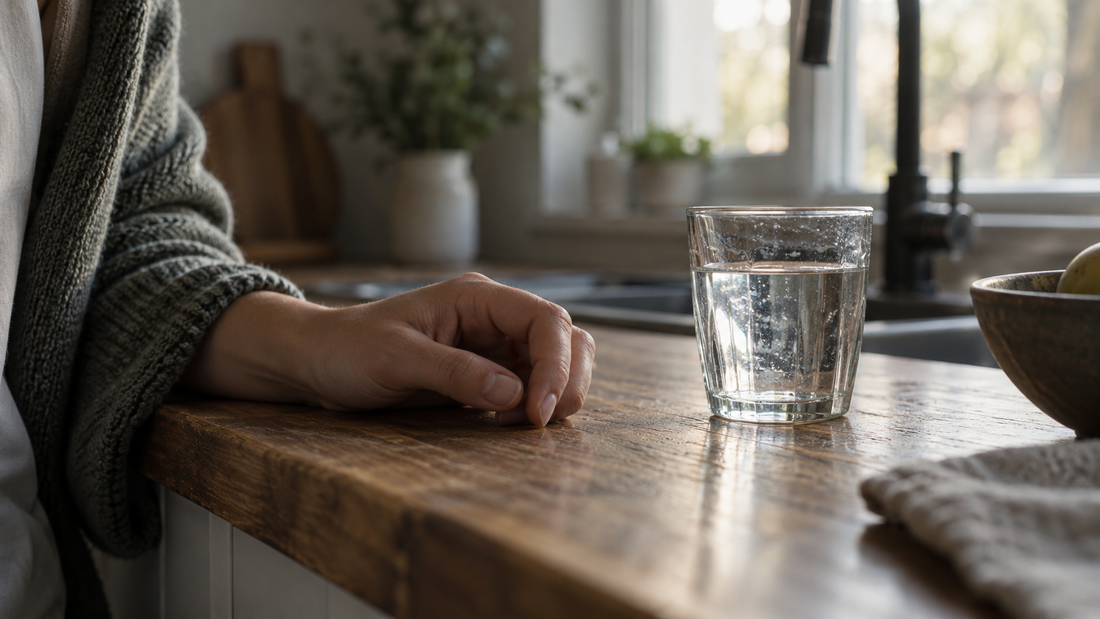 A hand rests on a kitchen counter beside a glass of water.