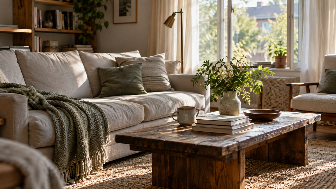 A lived-in sitting room with books, a plant, and afternoon light.