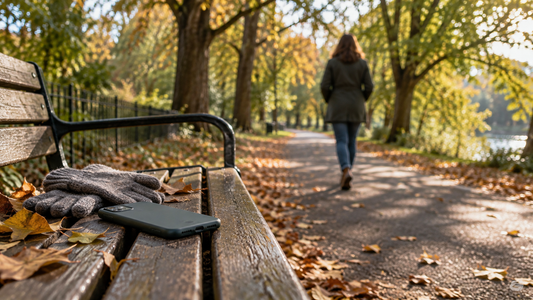 A phone and gloves rest on a park bench as a woman walks away.