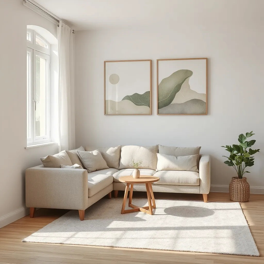 Muted meditative wall prints in a bright minimalist living room with soft natural light