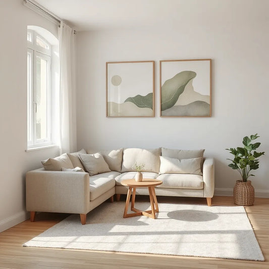 Muted meditative wall prints in a bright minimalist living room with soft natural light