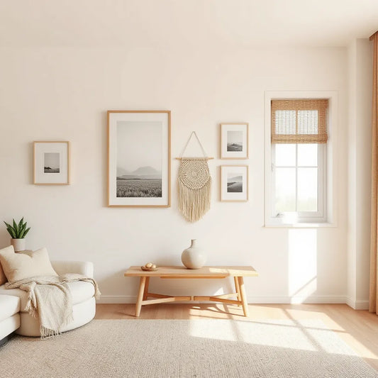 Minimal living room wall with framed art and a woven hanging in soft neutral tones