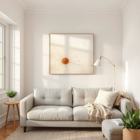 Serene living room with a subtle spiritual canvas wall print in soft, warm light