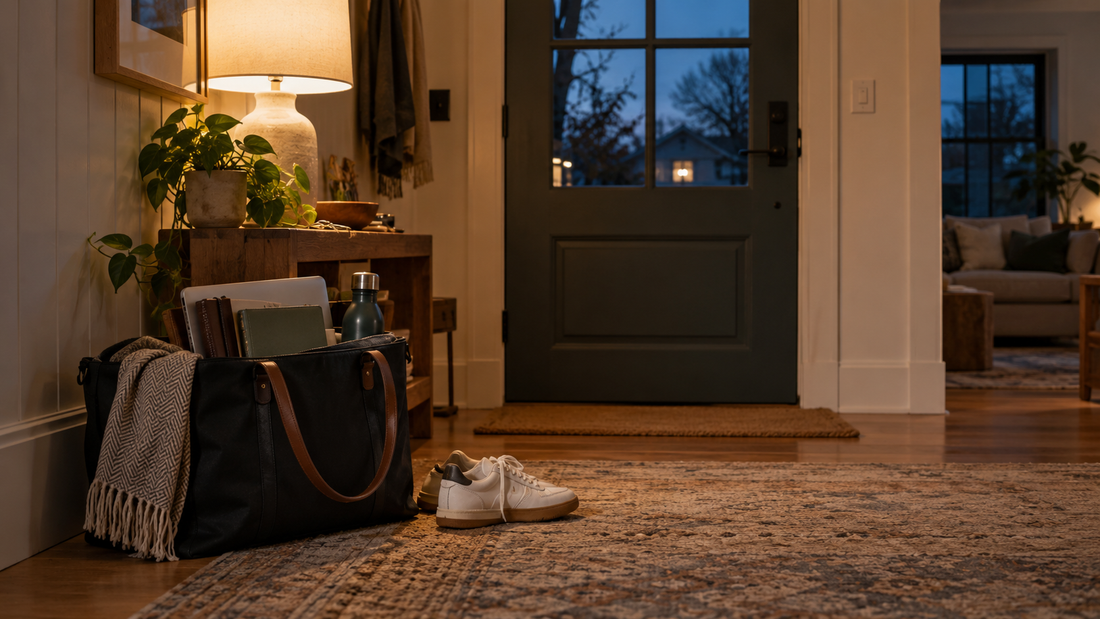 A work bag and shoes wait by the door on a Sunday evening.