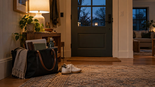 A work bag and shoes wait by the door on a Sunday evening.