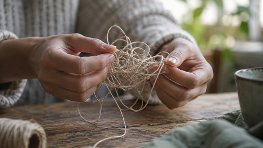 Hands hold a tangled length of thread over a wooden table.