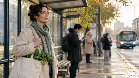 A woman pauses with a shopping bag at a bus stop.