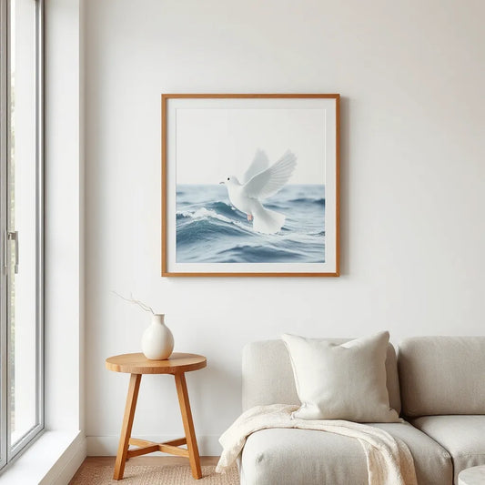 Minimal living room with serene blue wall art, a small candle, and warm natural decor elements
