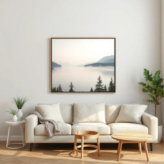 Framed misty mountain and calm lake nature artwork in a softly lit living room