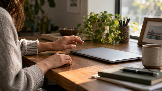 A woman lets her hand rest beside a closed laptop.