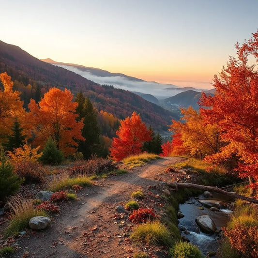 Golden-hour autumn valley with vivid orange-red trees, a winding path, and misty distance