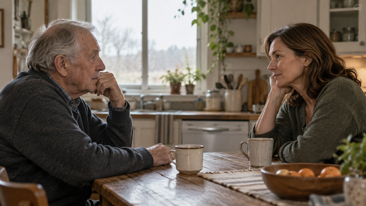 A woman sits with her elderly father over tea at a kitchen table.