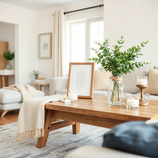 Serene living room with warm neutral decor, subtle cross accent, greenery, and candlelight