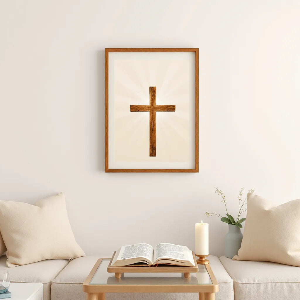 Framed Christian wall art with a cross above a small table holding a closed Bible and candle