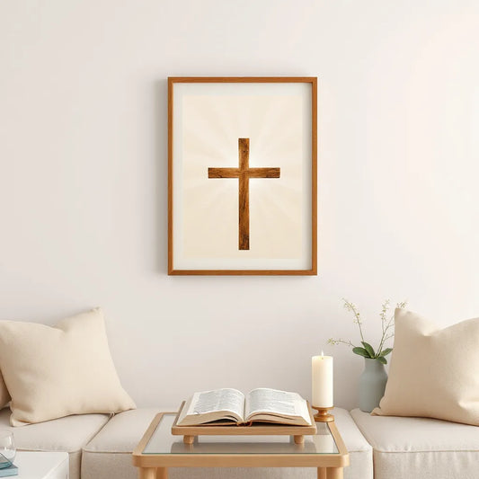 Framed Christian wall art with a cross above a small table holding a closed Bible and candle