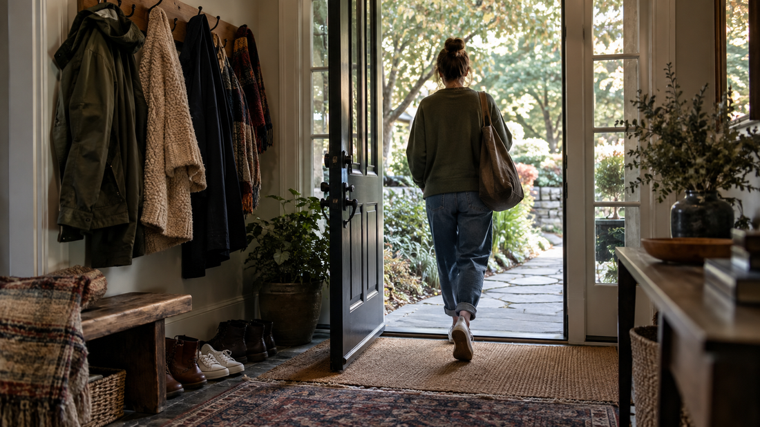 A woman steps through the doorway of a lived-in home.