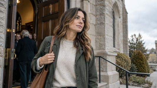 A woman leaves a simple church building under an overcast sky.