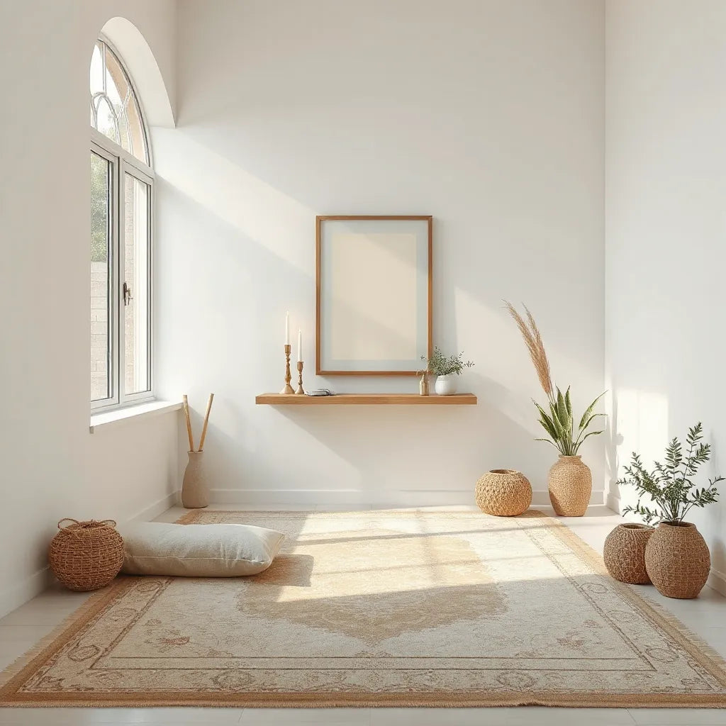 Calm prayer room with a cushioned seat, minimal decor, framed wall art, and soft natural light
