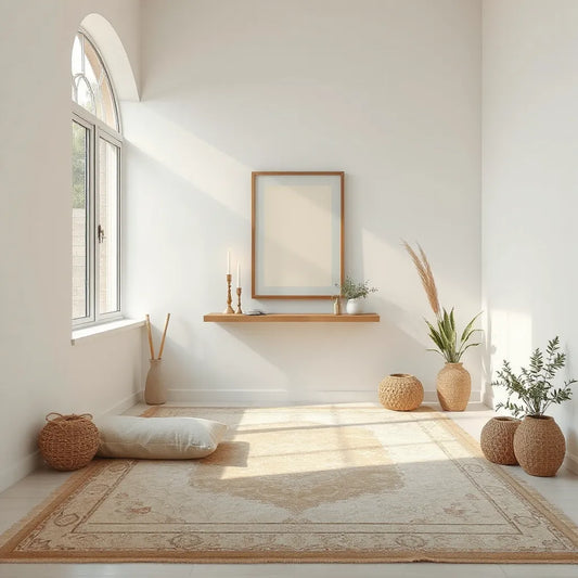 Calm prayer room with a cushioned seat, minimal decor, framed wall art, and soft natural light