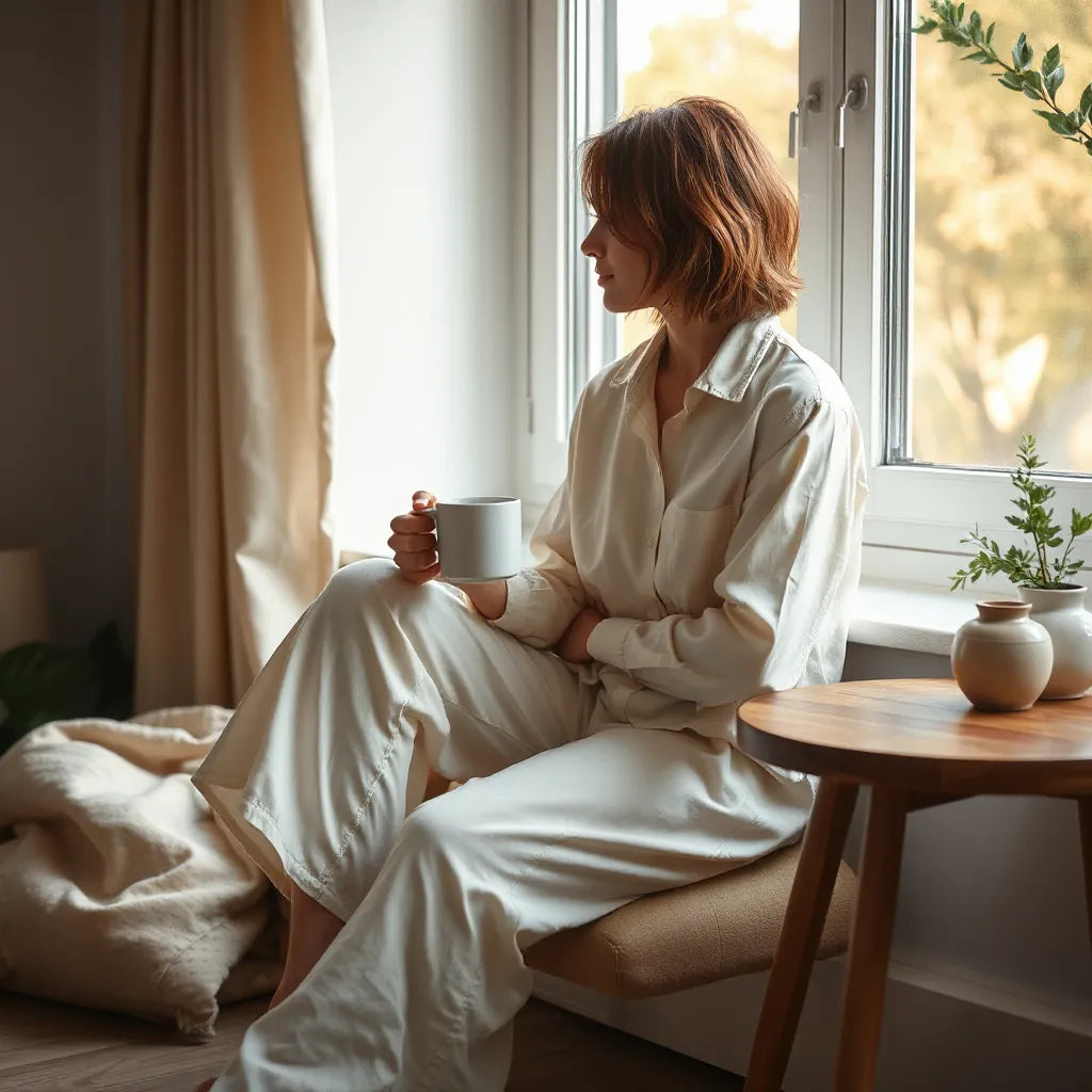 Person in relaxed neutral mindfulness clothing sitting by a sunlit window with a tea mug