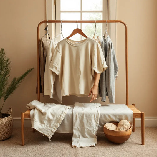 Soft earth-toned loungewear folded near a window, conveying calm and intentional everyday comfort