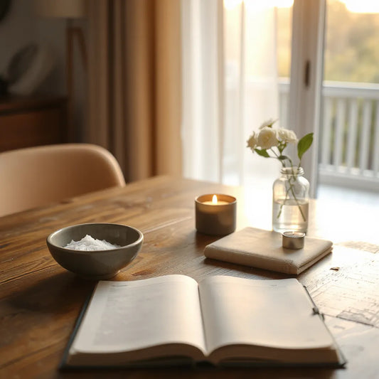 Warmly lit table with a candle, journal, and minimal decor suggesting a calming reminder of tranquility