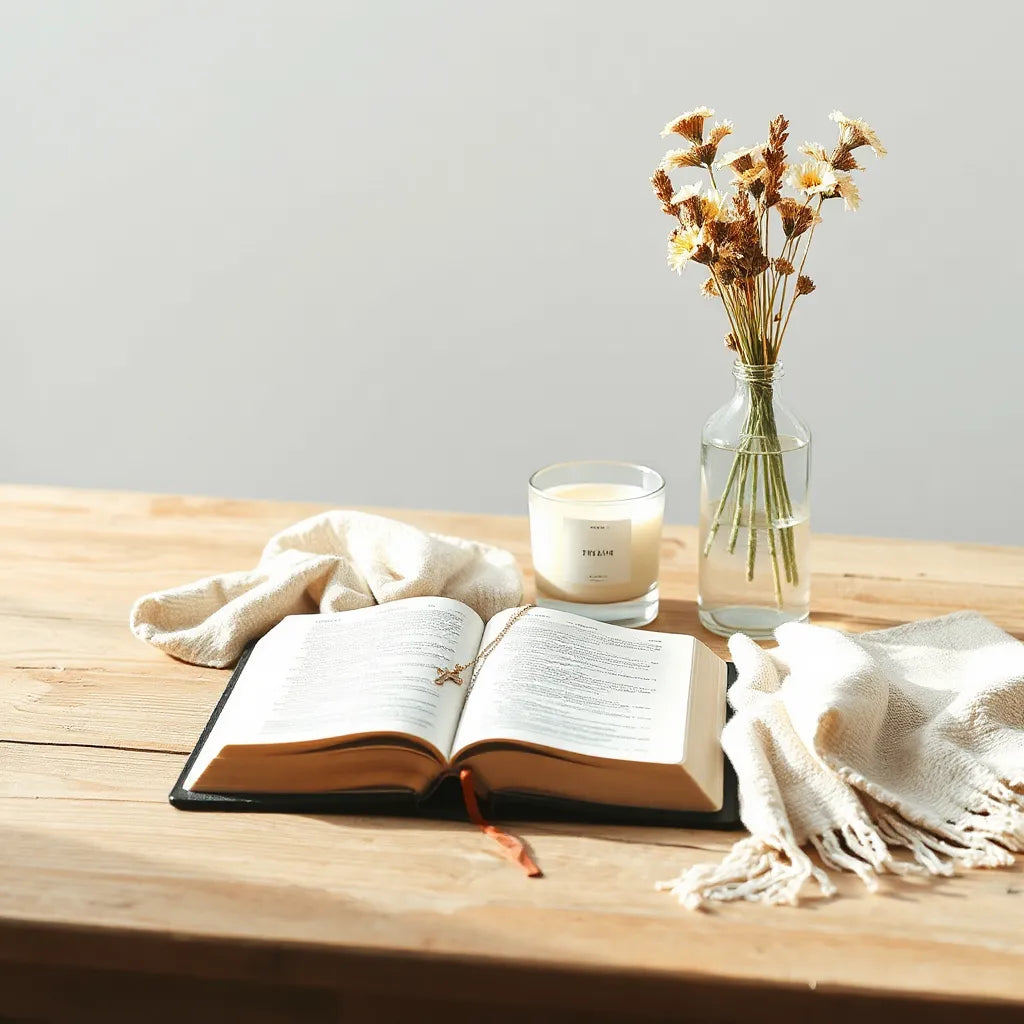 Bible, cross necklace, candle, scarf, and wildflower bouquet arranged on a wooden table