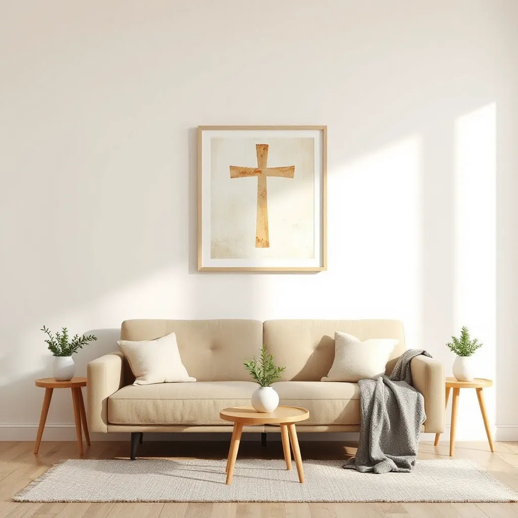 Warm Christian cross wall art centered in a bright minimalist living room